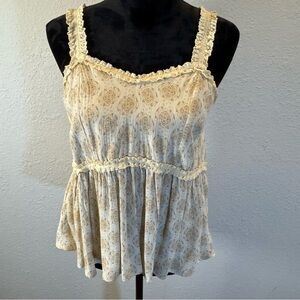 Hem & Thread Cream and Tan. Ruffled pendulum camisole. bohemian style print.